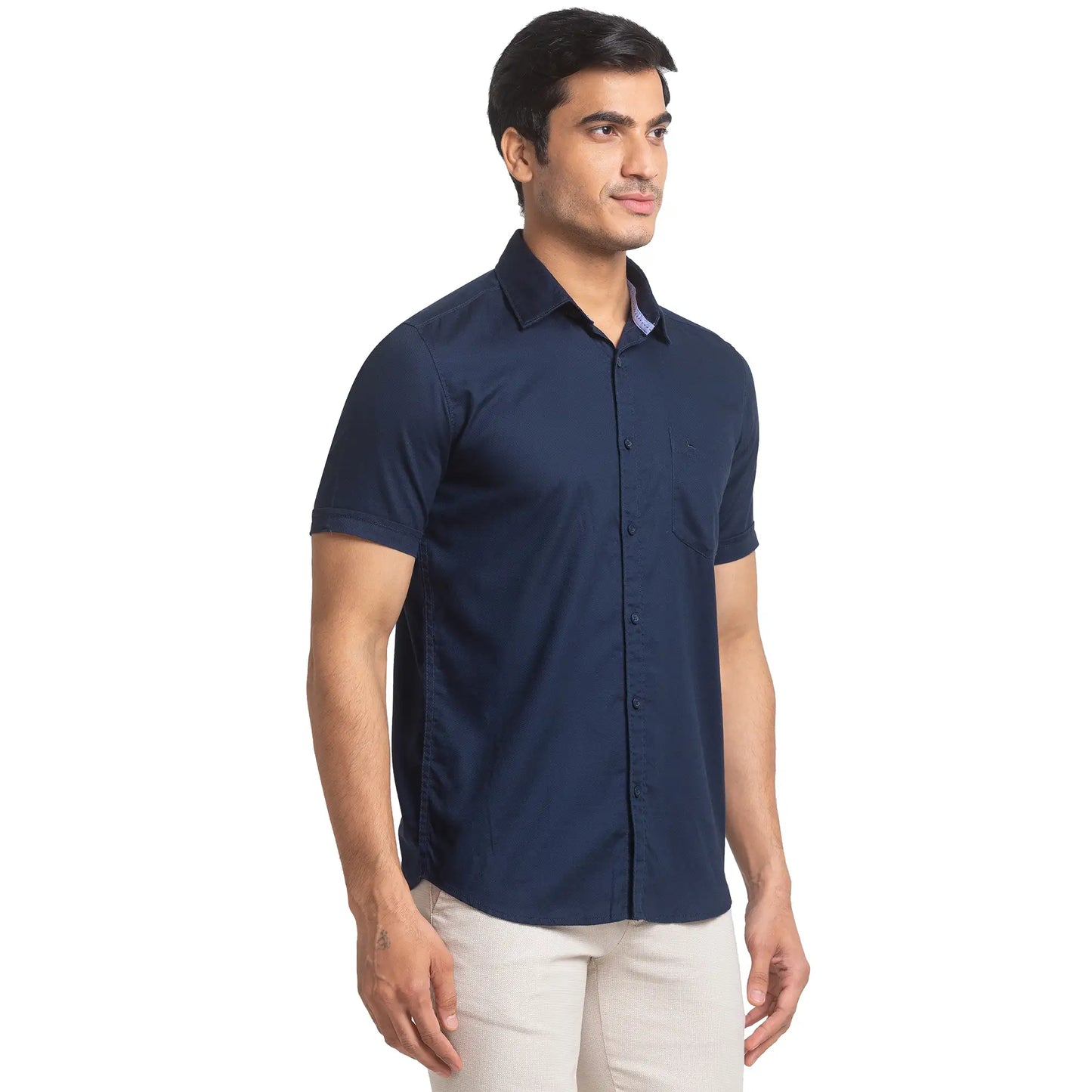 Men Blue Slim Fit Solid Cotton Half Sleeve Shirts