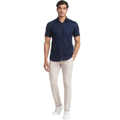 Men Blue Slim Fit Solid Cotton Half Sleeve Shirts