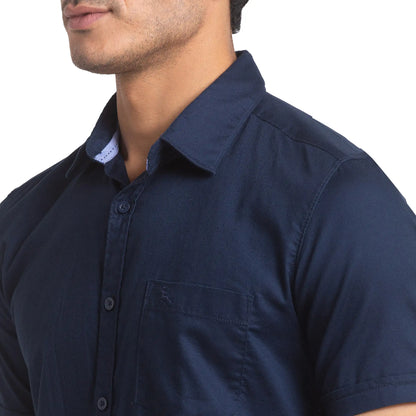 Men Blue Slim Fit Solid Cotton Half Sleeve Shirts