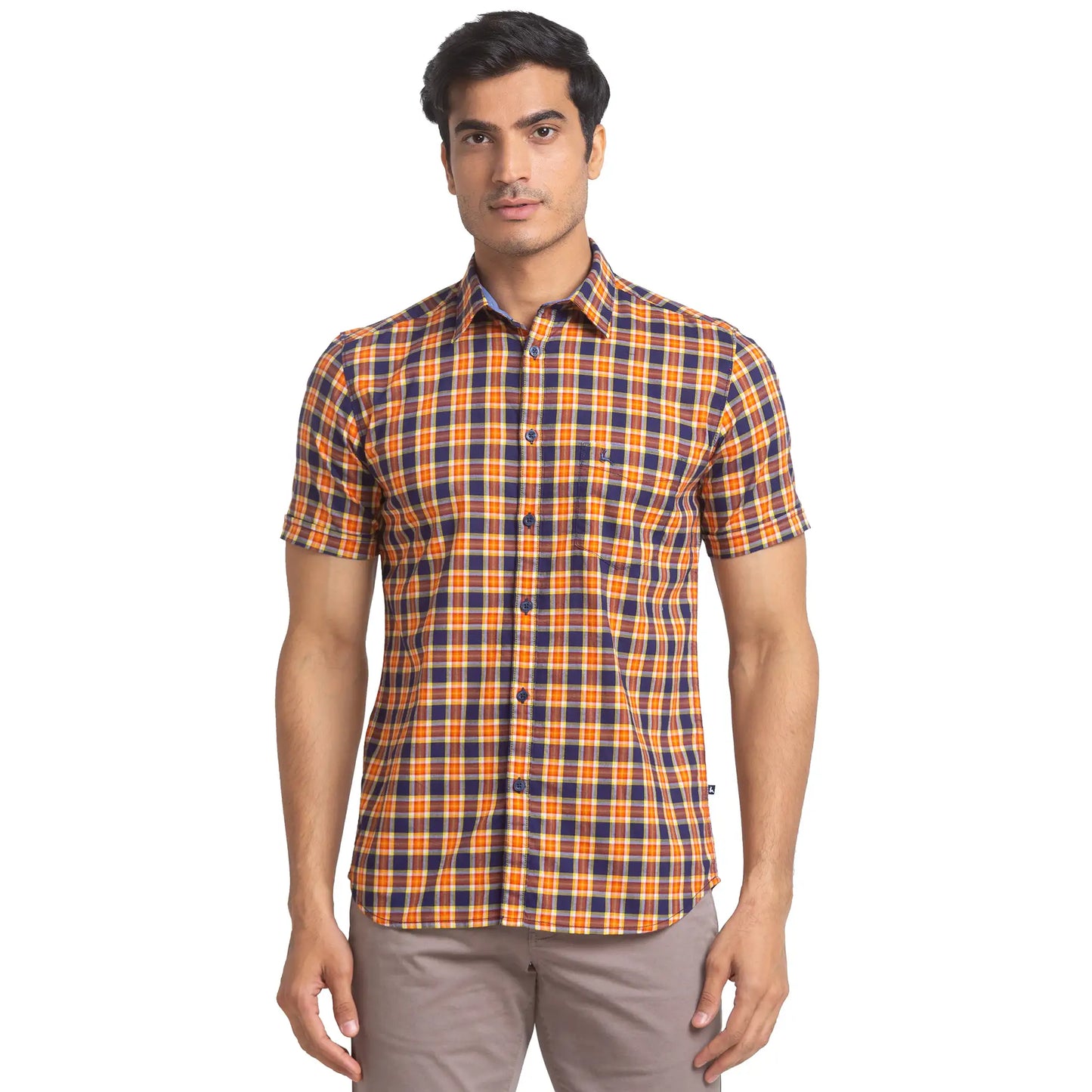 Men Orange Slim Fit Checks Cotton Half Sleeve Shirts