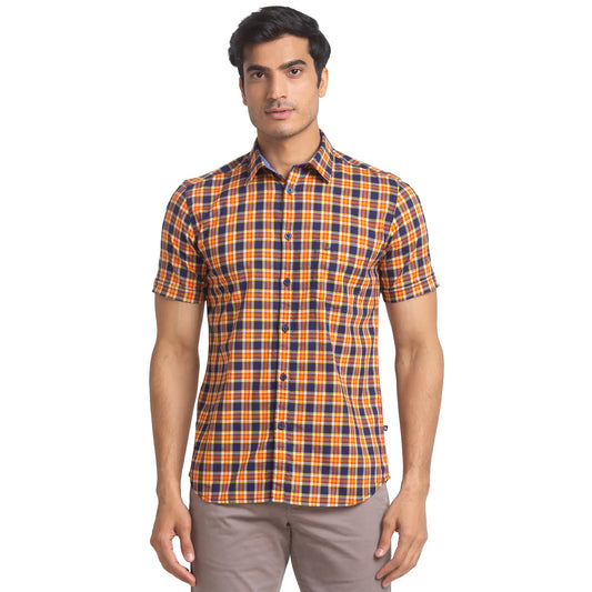 Men Orange Slim Fit Checks Cotton Half Sleeve Shirts
