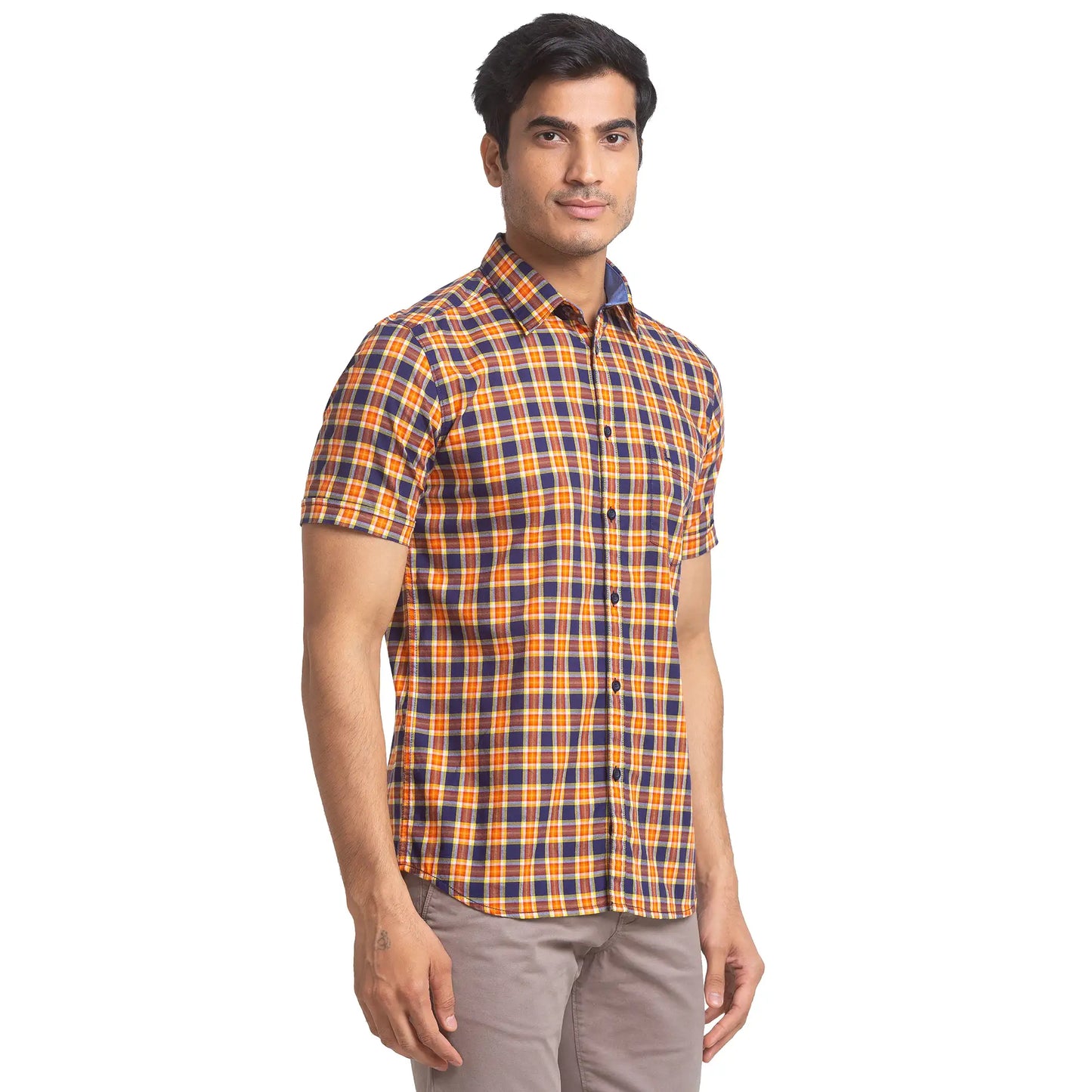 Men Orange Slim Fit Checks Cotton Half Sleeve Shirts
