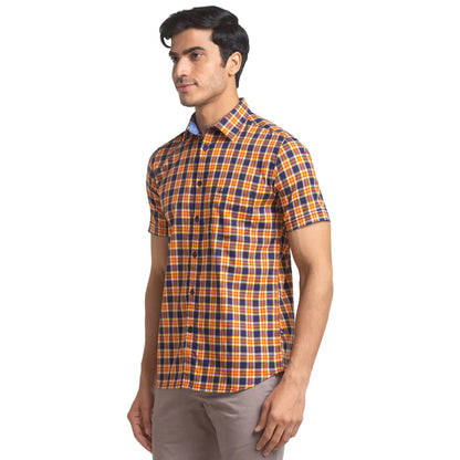 Men Orange Slim Fit Checks Cotton Half Sleeve Shirts
