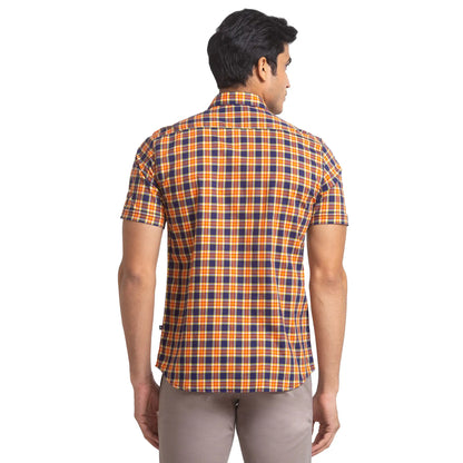 Men Orange Slim Fit Checks Cotton Half Sleeve Shirts