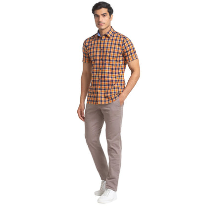 Men Orange Slim Fit Checks Cotton Half Sleeve Shirts