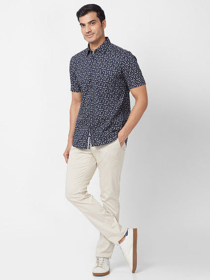 Parx Men Blue Slim Fit Printed Half Sleeve Cutaway Collar Shirt