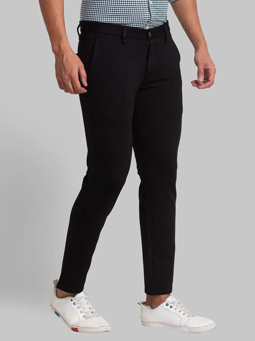 Men Black Super Slim Fit Solid Rayon Nylon Spandex Blend Trouser