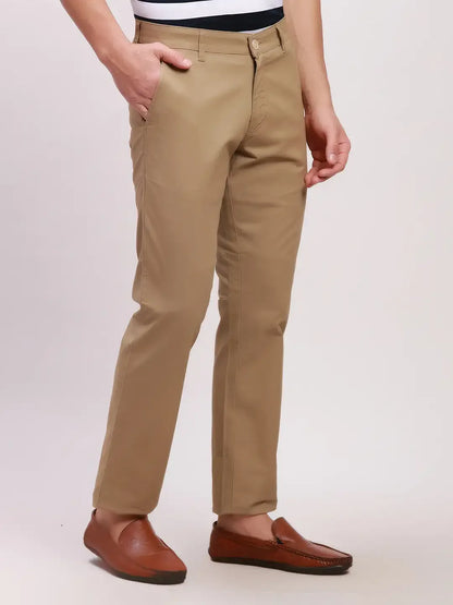 Parx Men Khaki Solid Low Rise Tapered Fit Cotton Blend Trousers