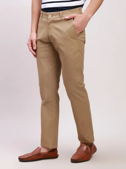 Parx Men Khaki Solid Low Rise Tapered Fit Cotton Blend Trousers