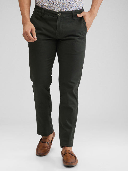Parx Green Solid Low Rise Tapered Fit Cotton Blend Trouser