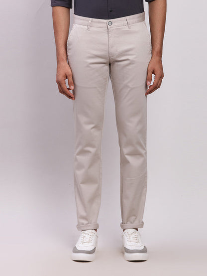 Parx Grey Solid Low Rise Tapered Fit Cotton Blend Trouser
