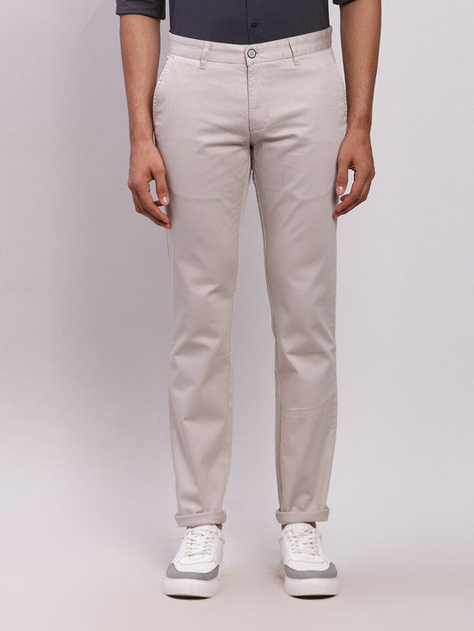 Parx Grey Solid Low Rise Tapered Fit Cotton Blend Trouser