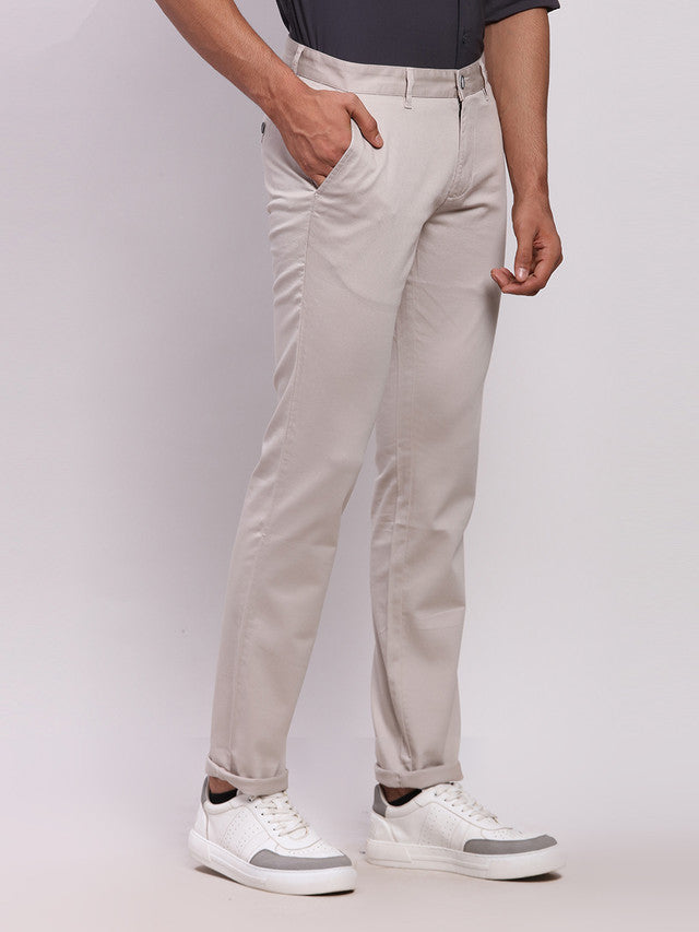 Parx Grey Solid Low Rise Tapered Fit Cotton Blend Trouser