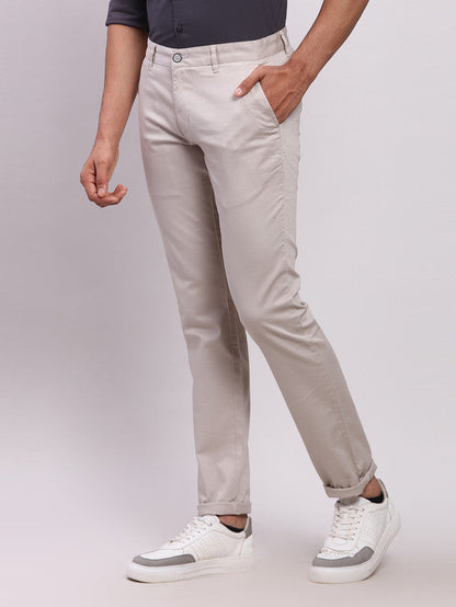 Parx Grey Solid Low Rise Tapered Fit Cotton Blend Trouser