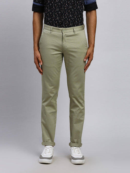 Parx Green Solid Low Rise Tapered Fit Cotton Blend Trouser