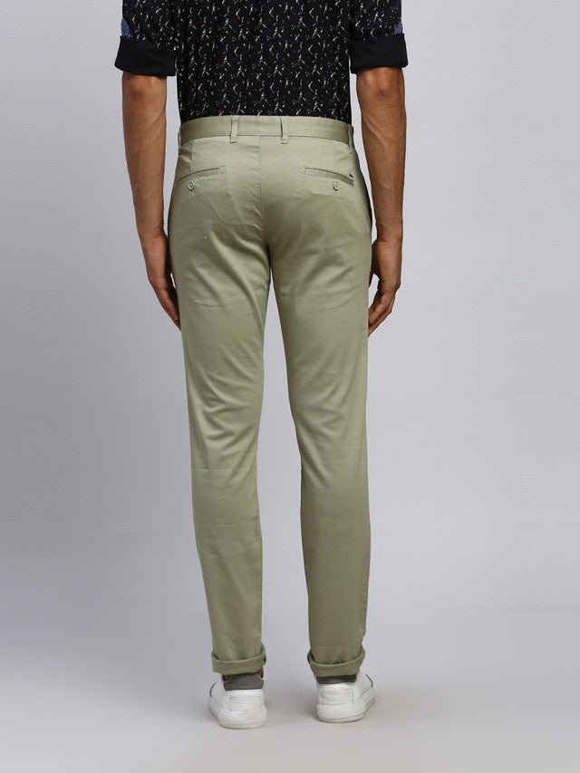 Parx Green Solid Low Rise Tapered Fit Cotton Blend Trouser