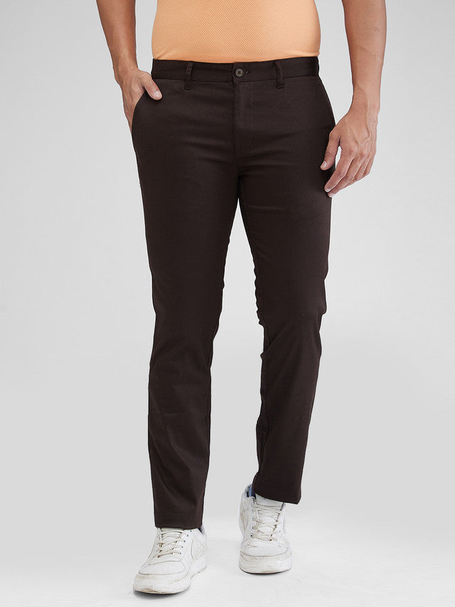 Parx Brown Solid Low Rise Tapered Fit Cotton Blend Trouser