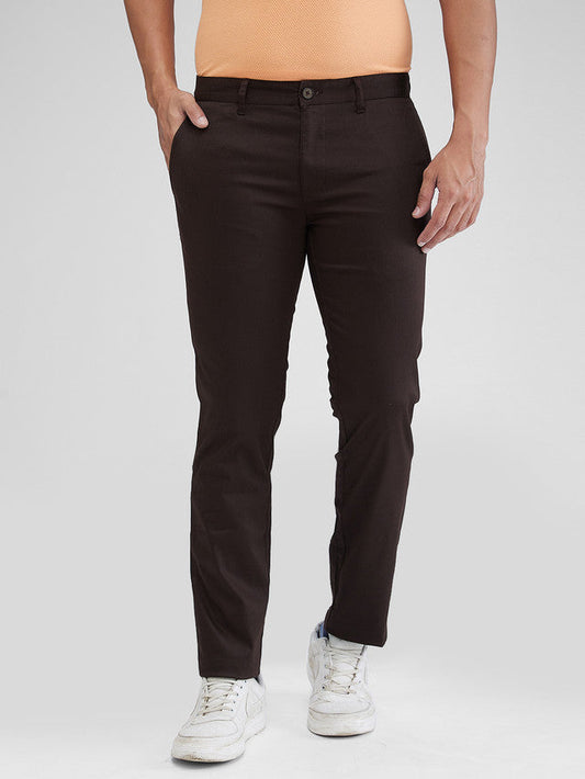 Parx Brown Solid Low Rise Tapered Fit Cotton Blend Trouser