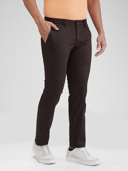 Parx Brown Solid Low Rise Tapered Fit Cotton Blend Trouser