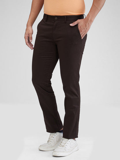 Parx Brown Solid Low Rise Tapered Fit Cotton Blend Trouser