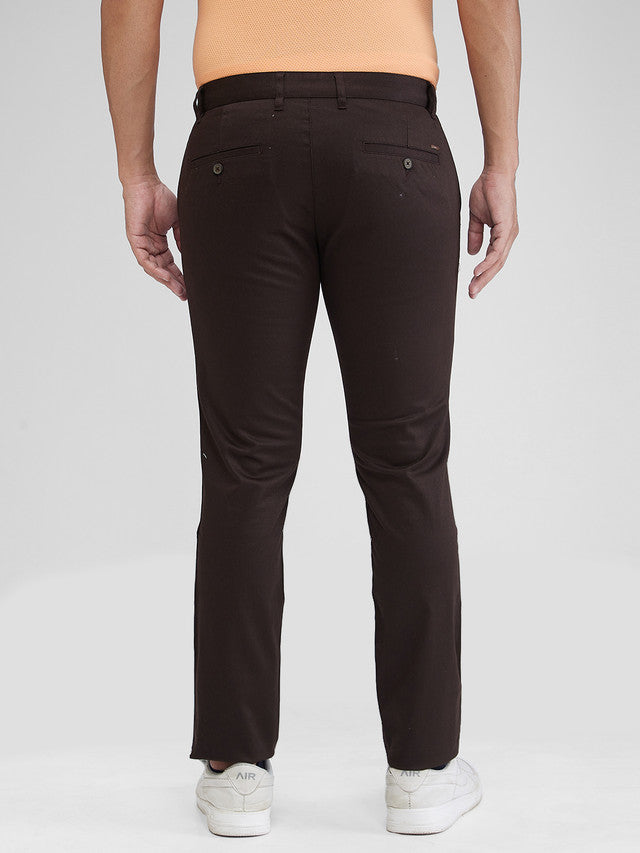 Parx Brown Solid Low Rise Tapered Fit Cotton Blend Trouser
