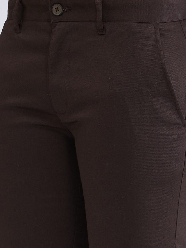 Parx Brown Solid Low Rise Tapered Fit Cotton Blend Trouser