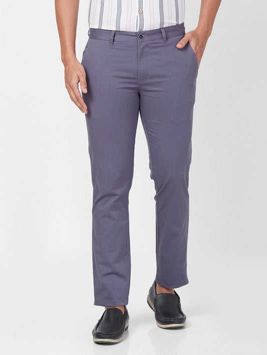 Parx Grey Solid Low Rise Tapered Fit Cotton Blend Trouser