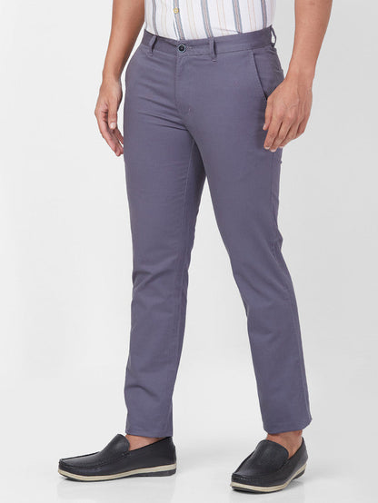 Parx Grey Solid Low Rise Tapered Fit Cotton Blend Trouser