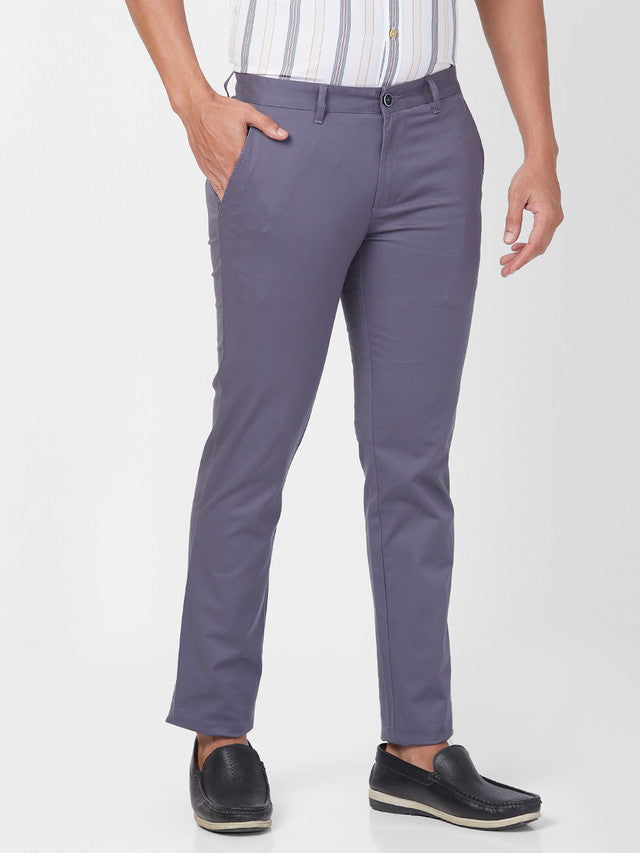 Parx Grey Solid Low Rise Tapered Fit Cotton Blend Trouser