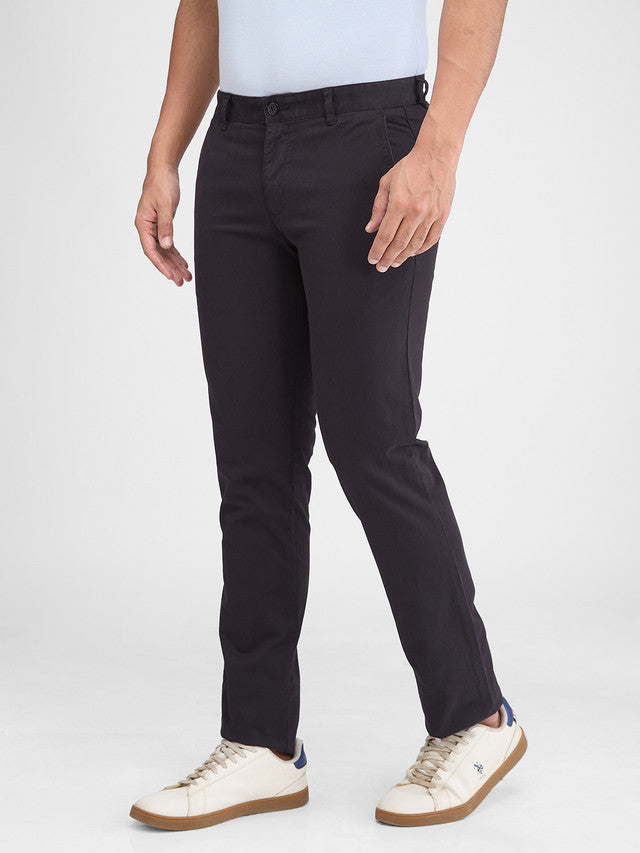 Parx Black Solid Low Rise Tapered Fit Cotton Blend Trouser