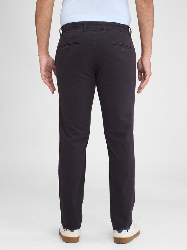 Parx Black Solid Low Rise Tapered Fit Cotton Blend Trouser