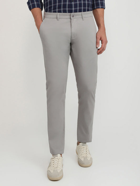 Parx Men Grey Solid Low Rise Tapered Fit Cotton Blend Trouser