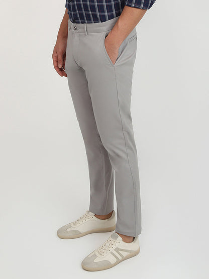 Parx Men Grey Solid Low Rise Tapered Fit Cotton Blend Trouser