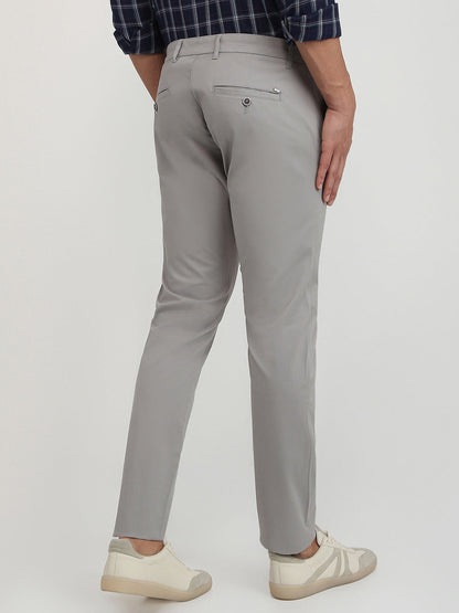 Parx Men Grey Solid Low Rise Tapered Fit Cotton Blend Trouser