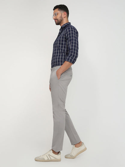 Parx Men Grey Solid Low Rise Tapered Fit Cotton Blend Trouser