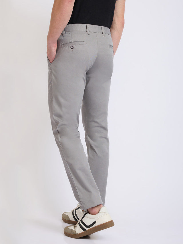 Parx Men Grey Solid Low Rise Tapered Fit Cotton Blend Trouser