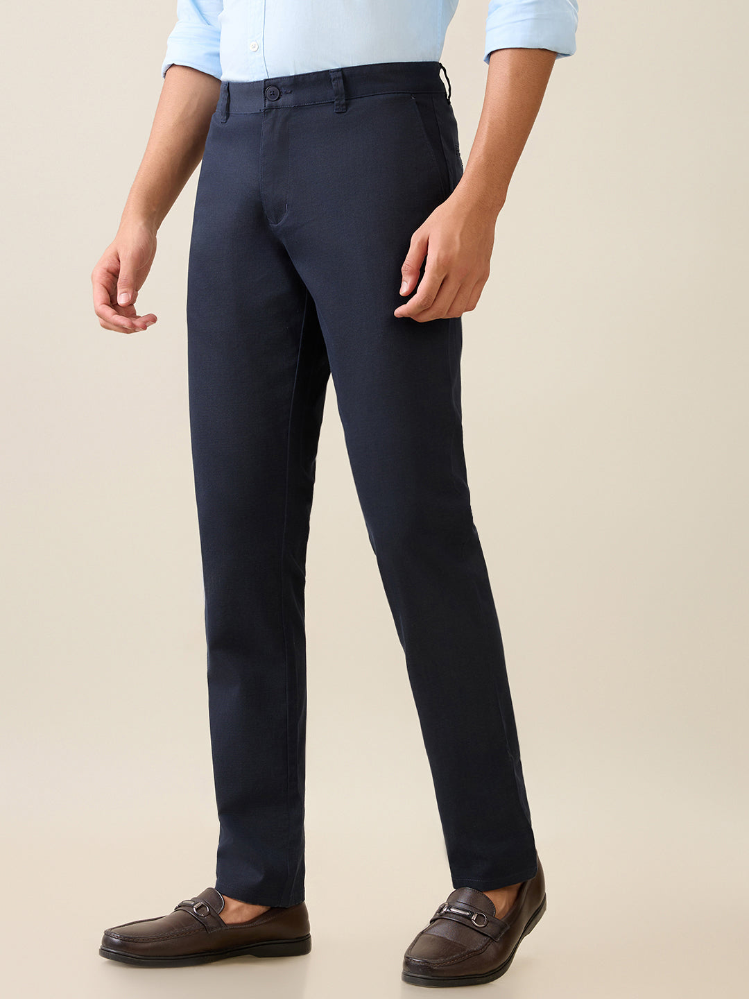 Parx Men Blue Satin Low Rise Tapered Fit Cotton Blend Trouser