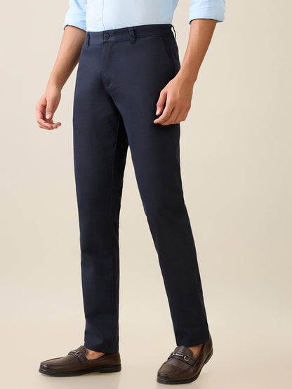 Parx Men Blue Satin Low Rise Tapered Fit Cotton Blend Trouser
