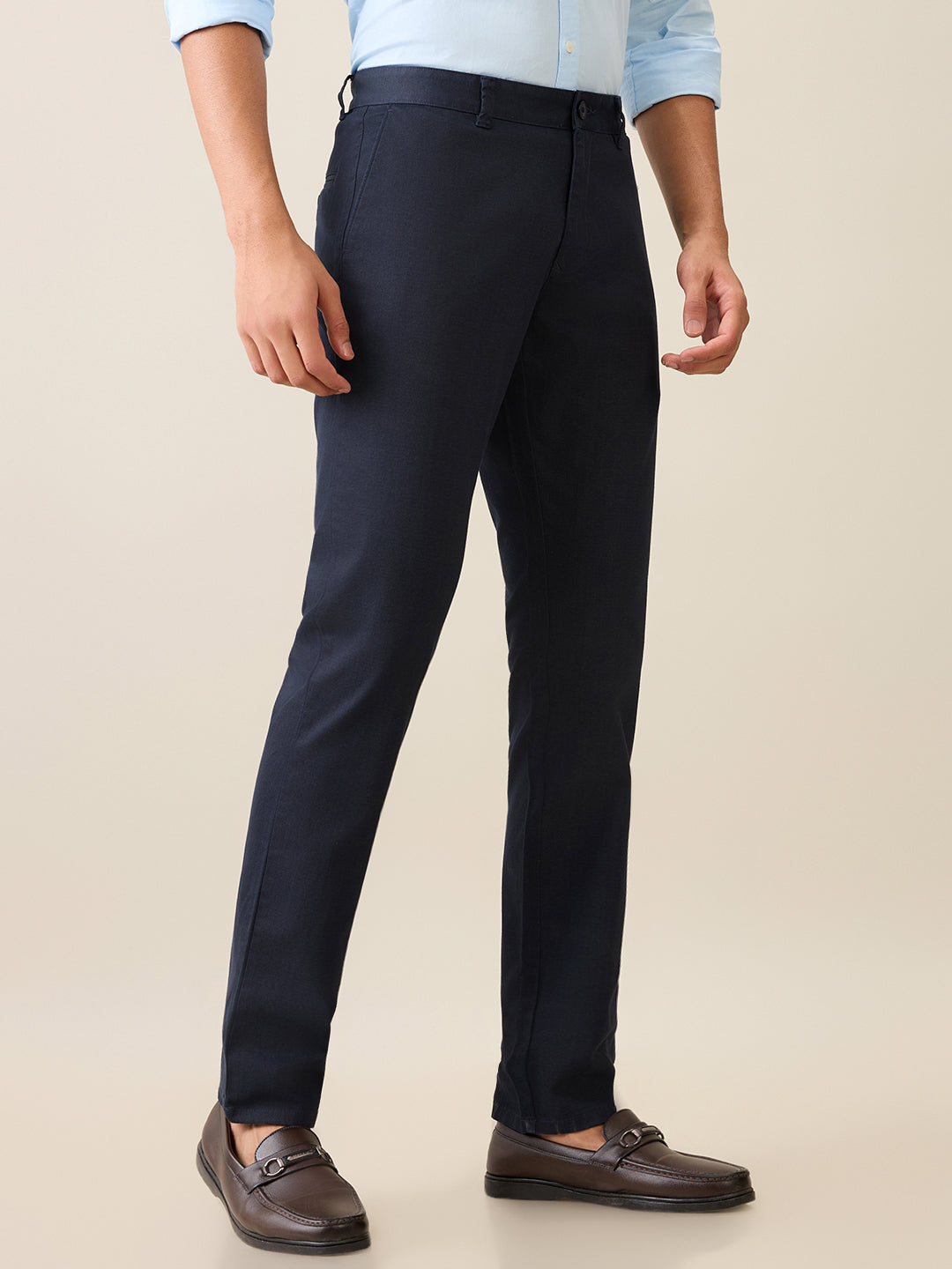 Parx Men Blue Satin Low Rise Tapered Fit Cotton Blend Trouser