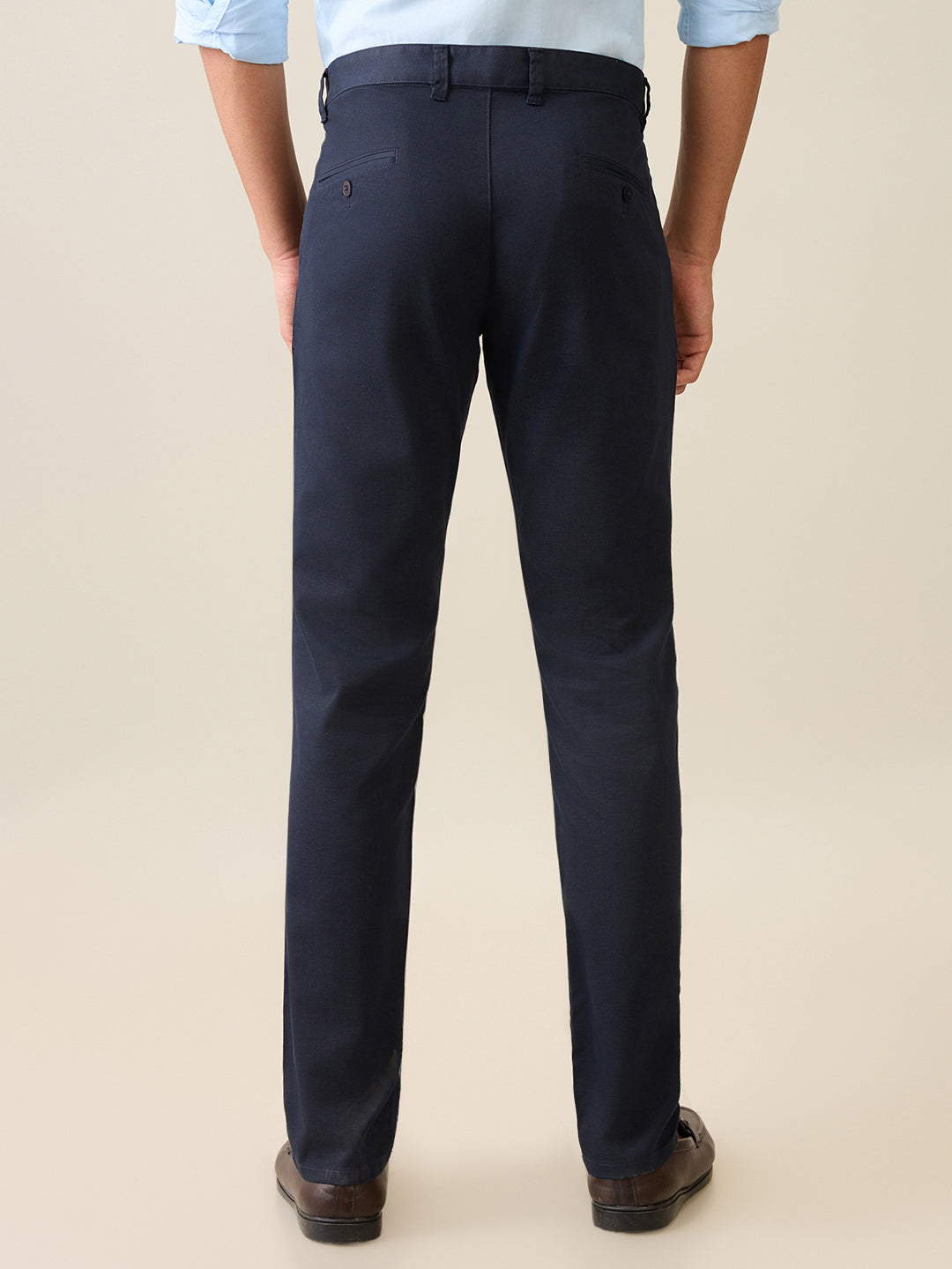 Parx Men Blue Satin Low Rise Tapered Fit Cotton Blend Trouser