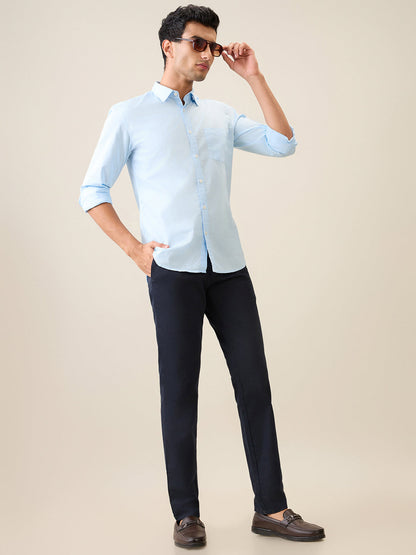 Parx Men Blue Satin Low Rise Tapered Fit Cotton Blend Trouser