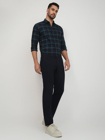 Parx Men Blue Twill Low Rise Tapered Fit Cotton Blend Trouser