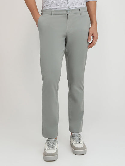 Parx Men Grey Twill Low Rise Tapered Fit Cotton Blend Trouser