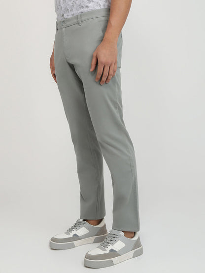 Parx Men Grey Twill Low Rise Tapered Fit Cotton Blend Trouser