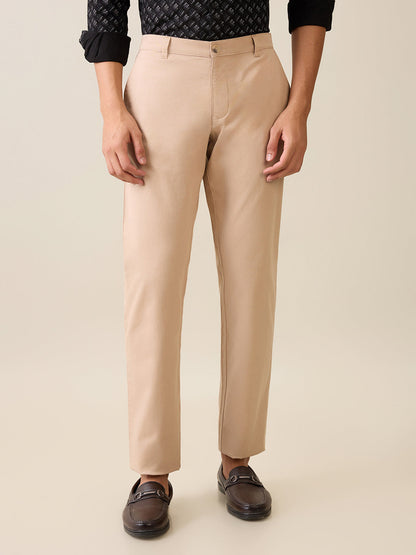 Parx Men Khaki Twill Low Rise Tapered Fit Cotton Blend Trouser
