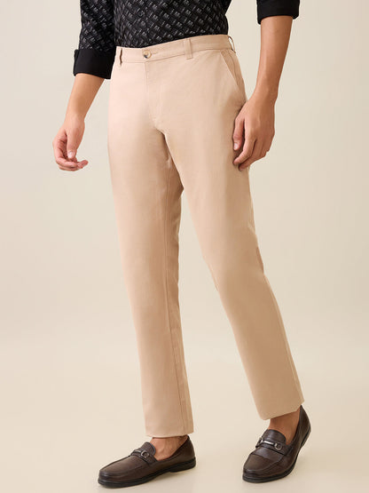 Parx Men Khaki Twill Low Rise Tapered Fit Cotton Blend Trouser