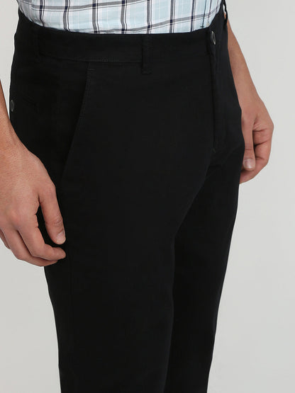 Parx Men Black Twill Low Rise Tapered Fit Cotton Blend Trouser