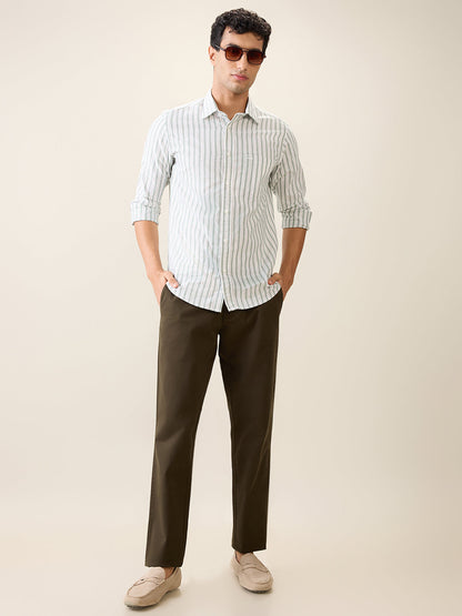 Parx Men Green Twill Low Rise Tapered Fit Cotton Blend Trouser