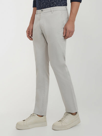 Parx Men Grey Solid-Dobby Low Rise Tapered Fit Cotton Blend Trouser