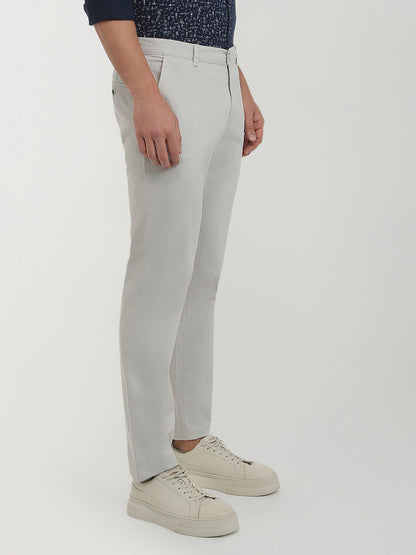 Parx Men Grey Solid-Dobby Low Rise Tapered Fit Cotton Blend Trouser